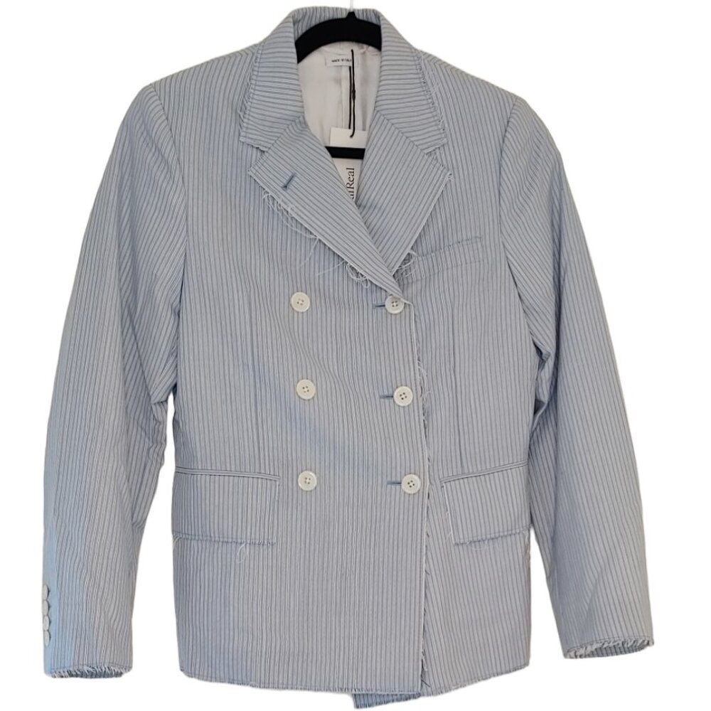 NEW THOM BROWNE BLUE Striped Wool Double Breasted BLAZER Women's RARE